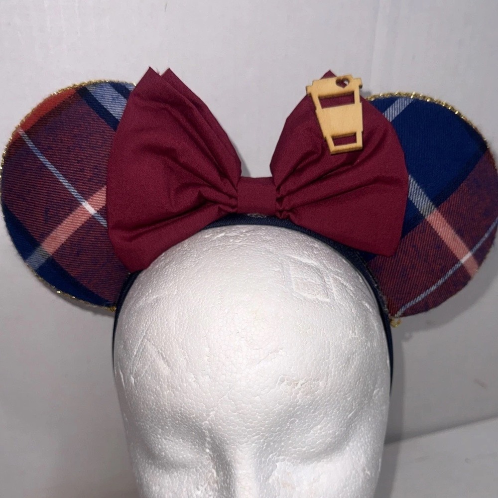 Disney Inspired Minnie Mouse Tartan Plaid Ears Coffee Holiday Bow Adult Headband